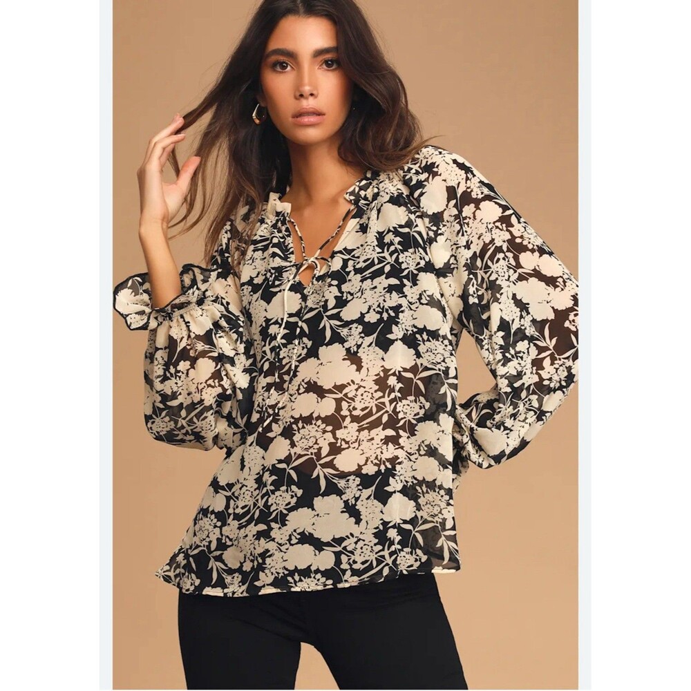 Lulus Black & Cream Floral Tunic Shirt Top Size Small, Flowy
